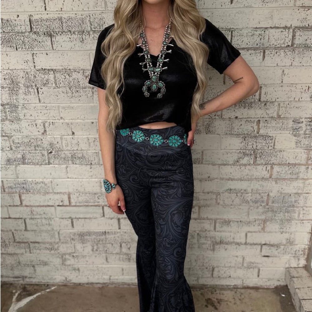 Floral Tooled Pattern Black and grey Flare Pants - Picture 2 of 2